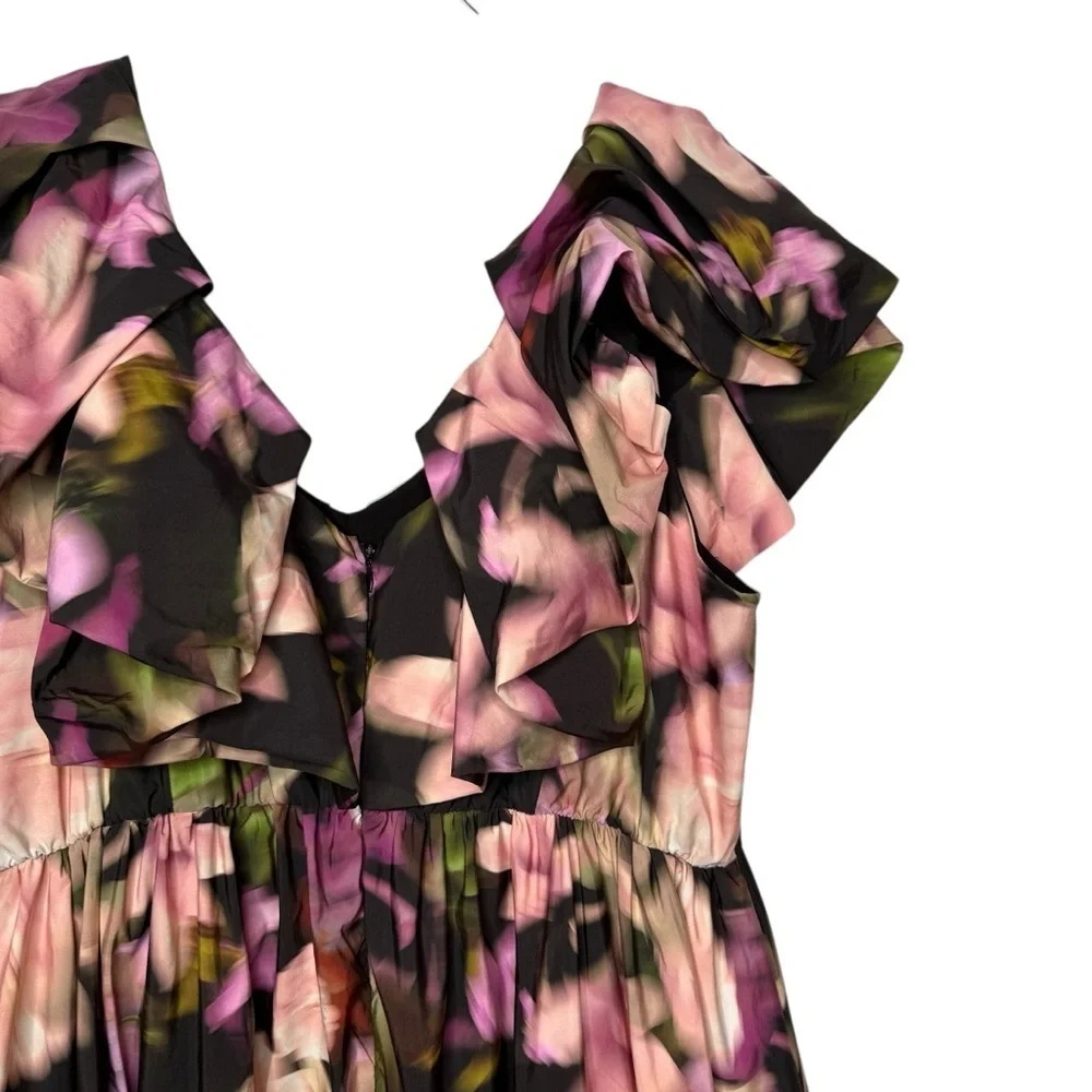 ELOQUII Ruffle Neckline Pink Moody Floral Women’s Midi Dress Sz 16